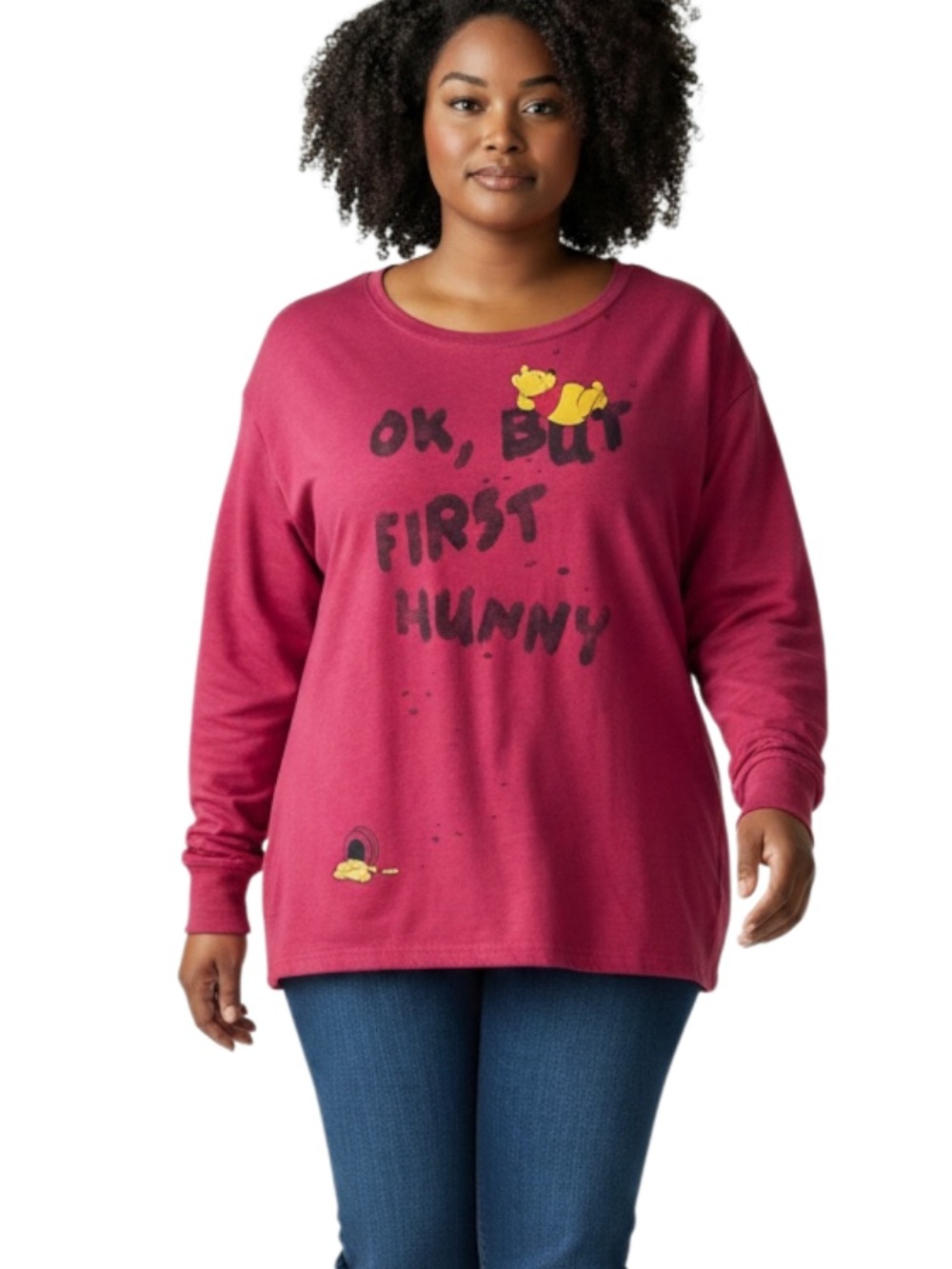 Disney Berry Pink Winnie the Pooh 'Ok, But First Hunny' Graphic Sweatshirt